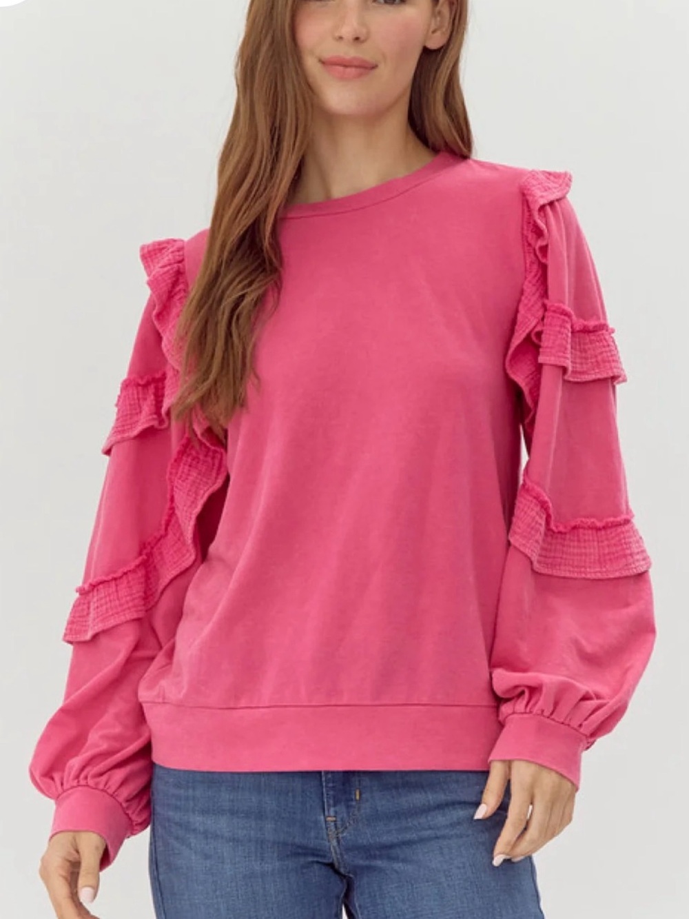 💗 Jodifl Fuchsia Ruffle Sleeve Sweatshirt Top Sample Est. M